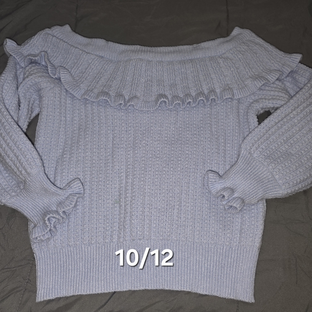 Girls Off-Shoulder Ruffle Sweater - Light Blue. Youth 10